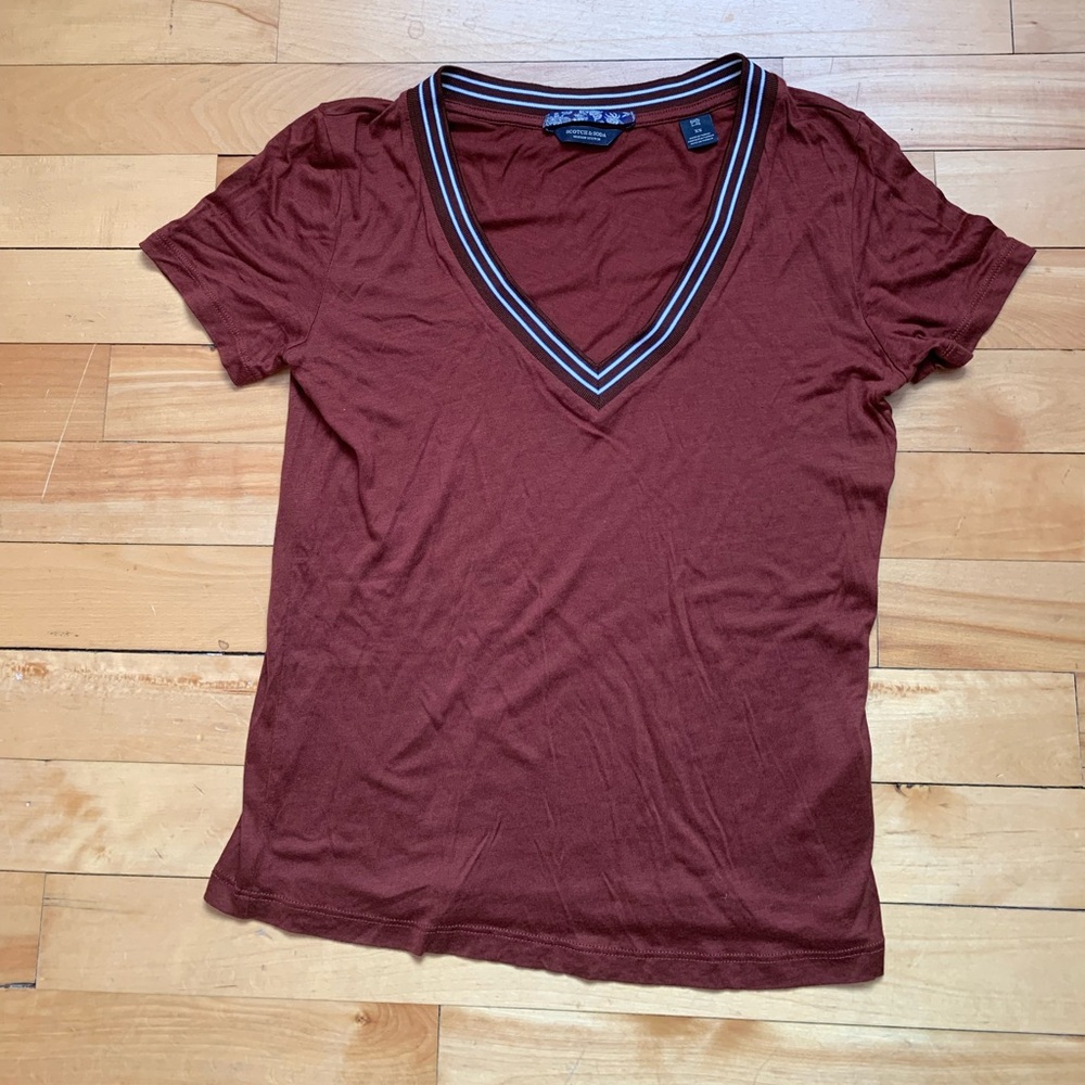Scotch & Soda brown V-Neck Short Sleeve Tee with Striped Trim